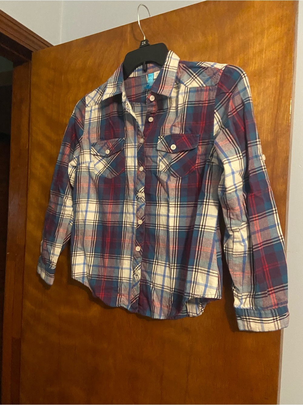 Women’s Plaid Button-Down Shirt — Blue & Red